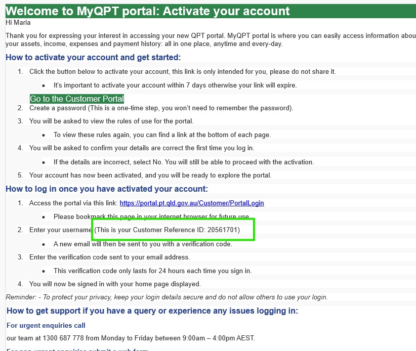 Welcome email Customer ID